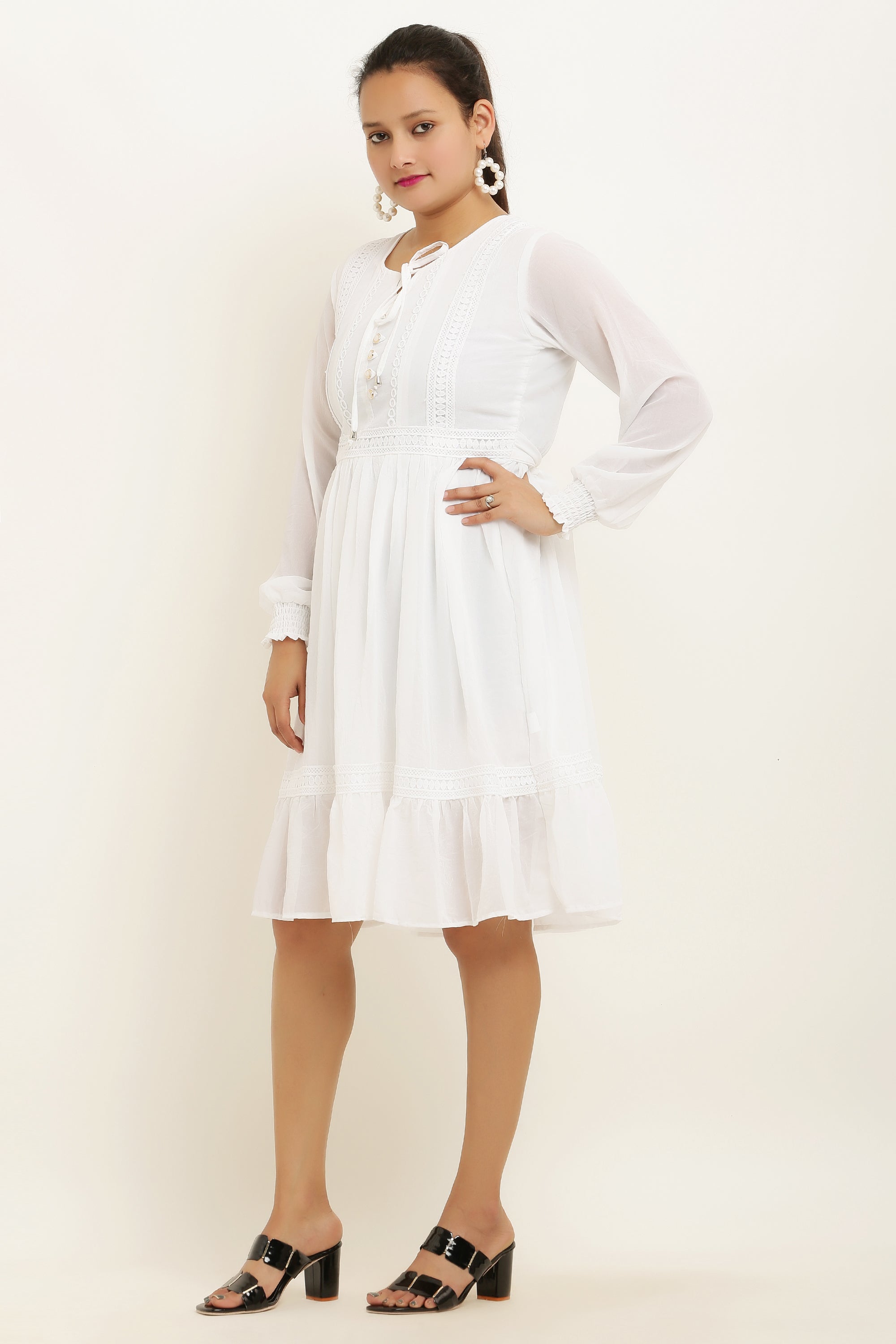 PAVONINE White Color Georgette Fabric Lace Inserts Midi For Girls | Grocsy