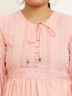 PAVONINE Peach Color Georgette Fabric Lace Inserts Midi For Girls | Grocsy