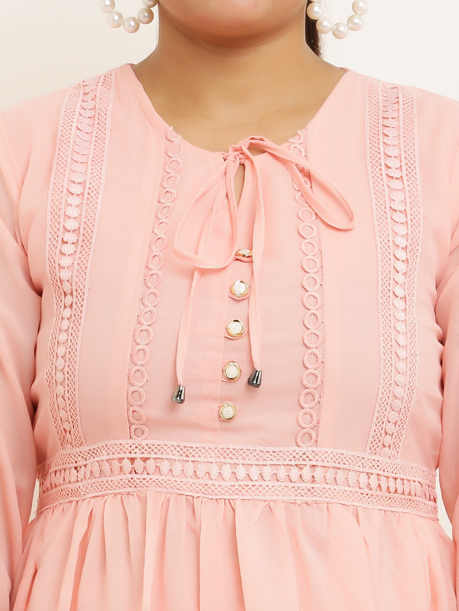 PAVONINE Peach Color Georgette Fabric Lace Inserts Midi For Girls | Grocsy