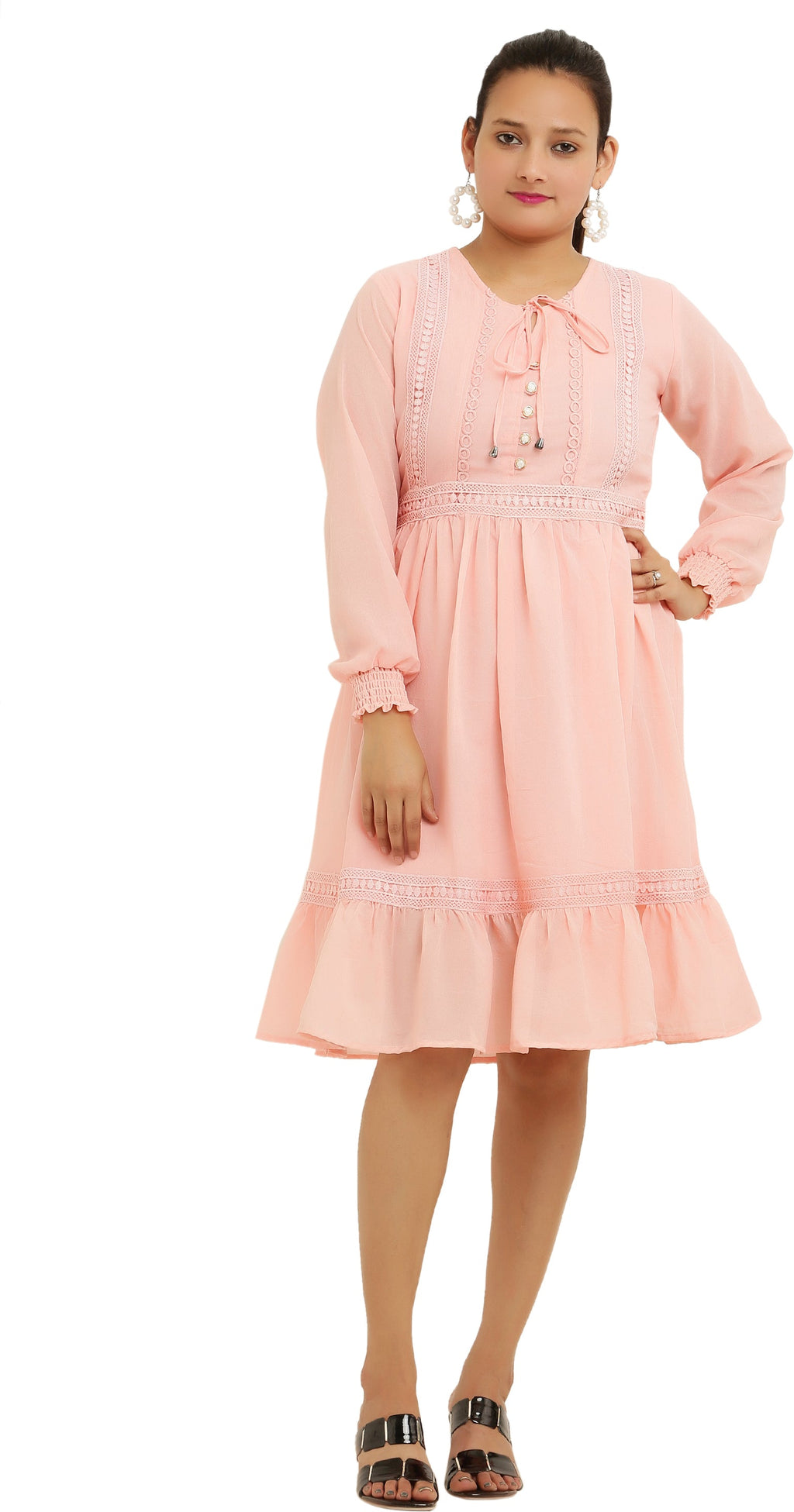 PAVONINE Peach Color Georgette Fabric Lace Inserts Midi For Girls | Grocsy