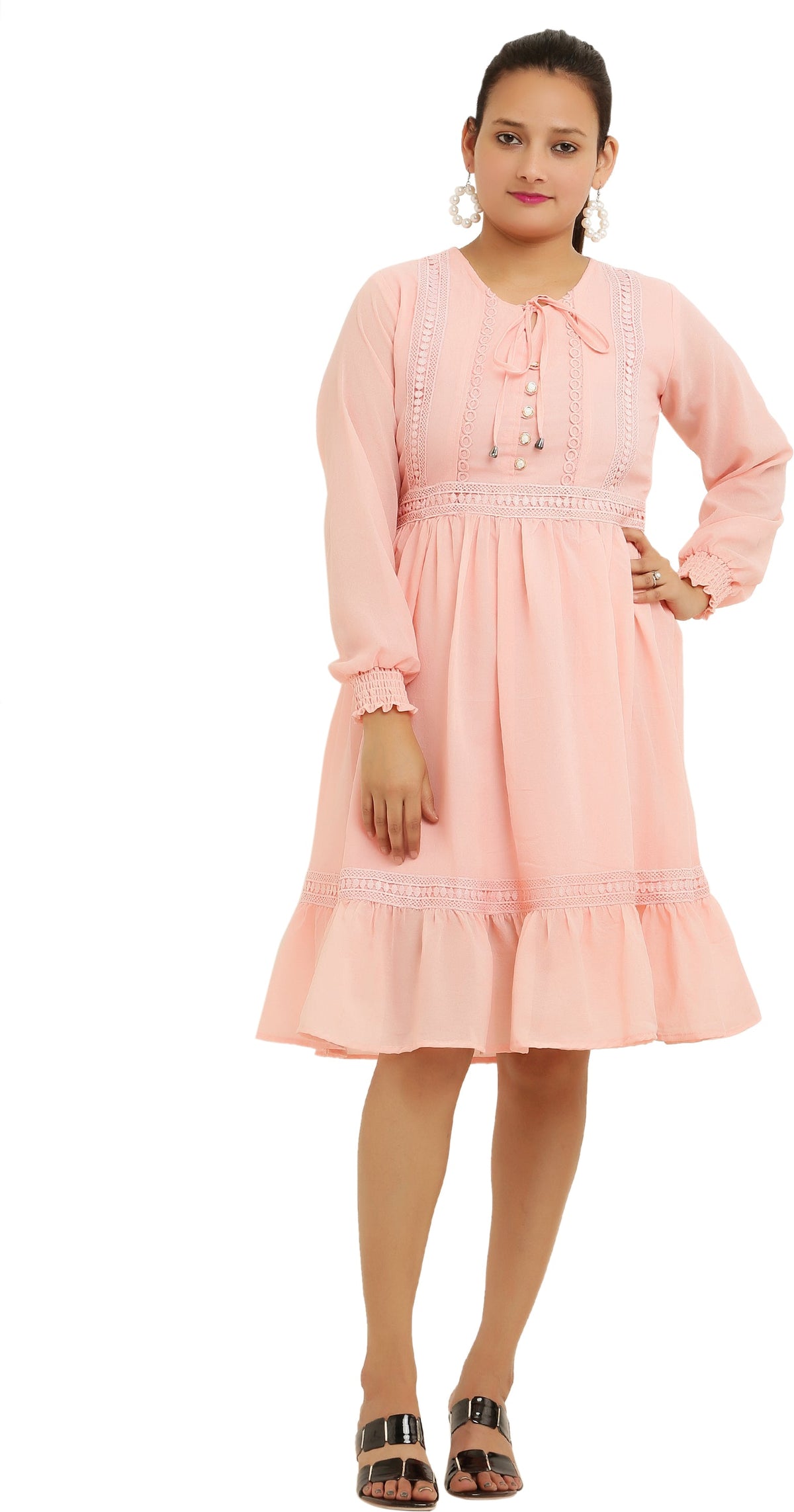 PAVONINE Peach Color Georgette Fabric Lace Inserts Midi For Girls | Grocsy