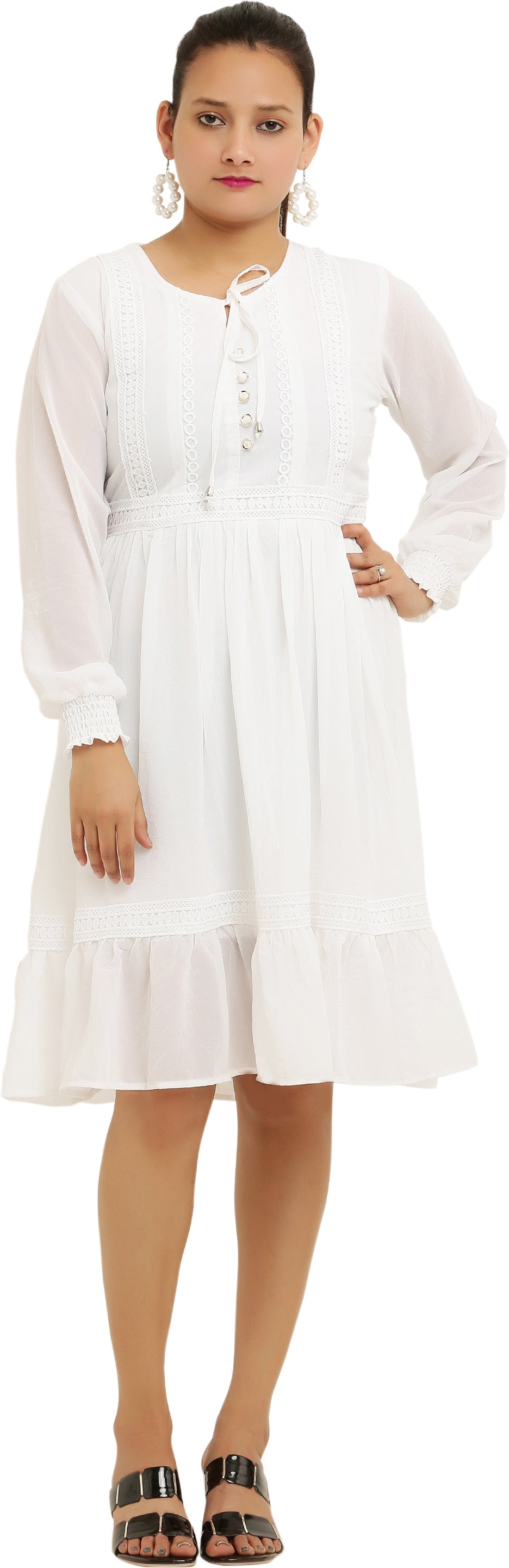 PAVONINE White Color Georgette Fabric Lace Inserts Midi For Girls | Grocsy