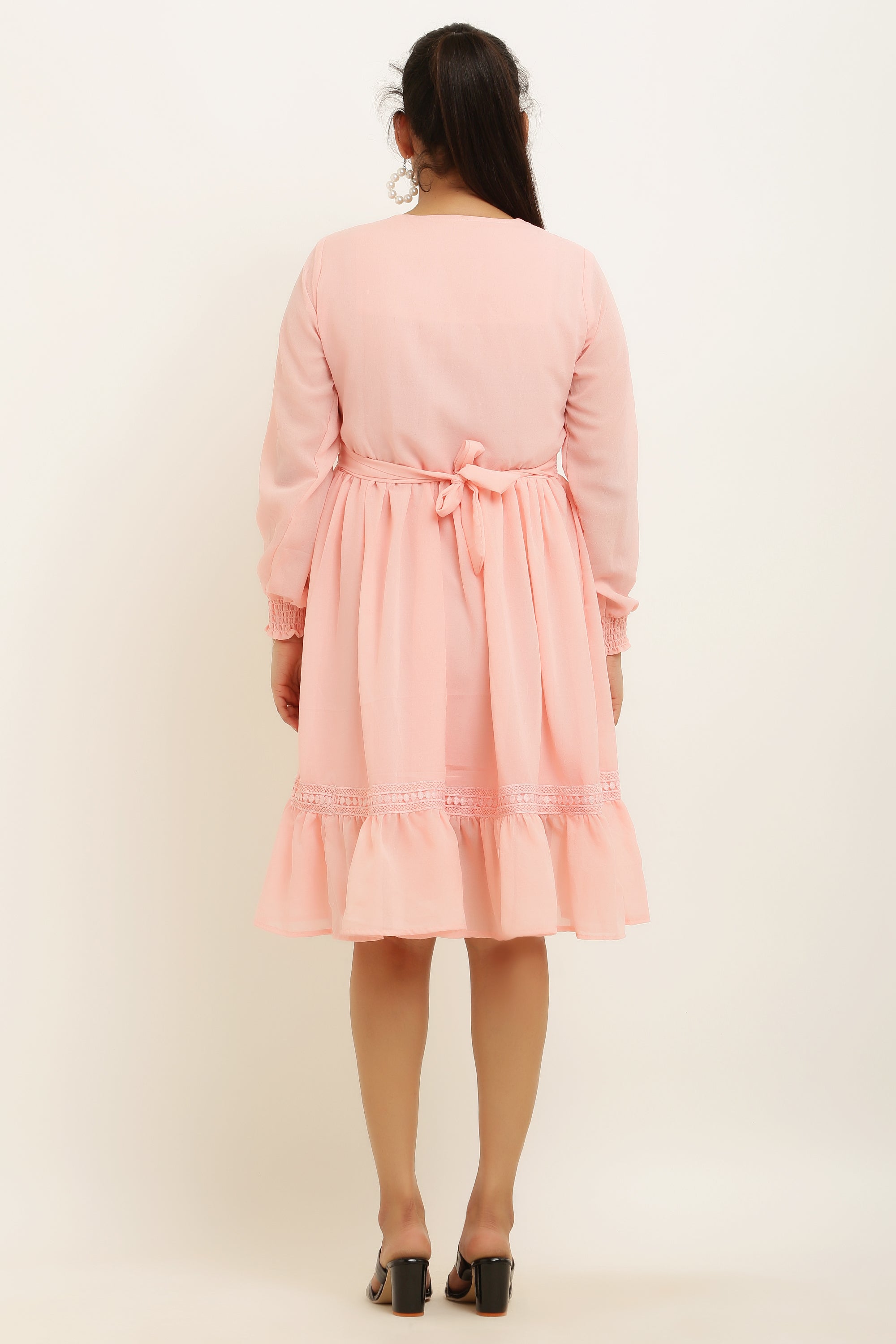 PAVONINE Peach Color Georgette Fabric Lace Inserts Midi For Girls | Grocsy
