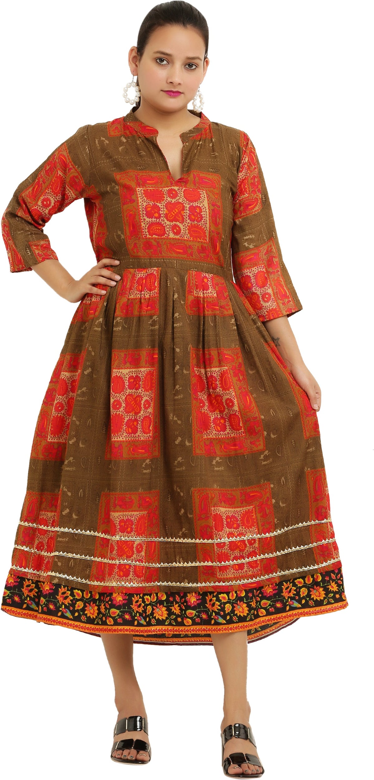 PAVONINE Jaipuri Block Print Mehandi Color Dress For Girls & Women | Grocsy