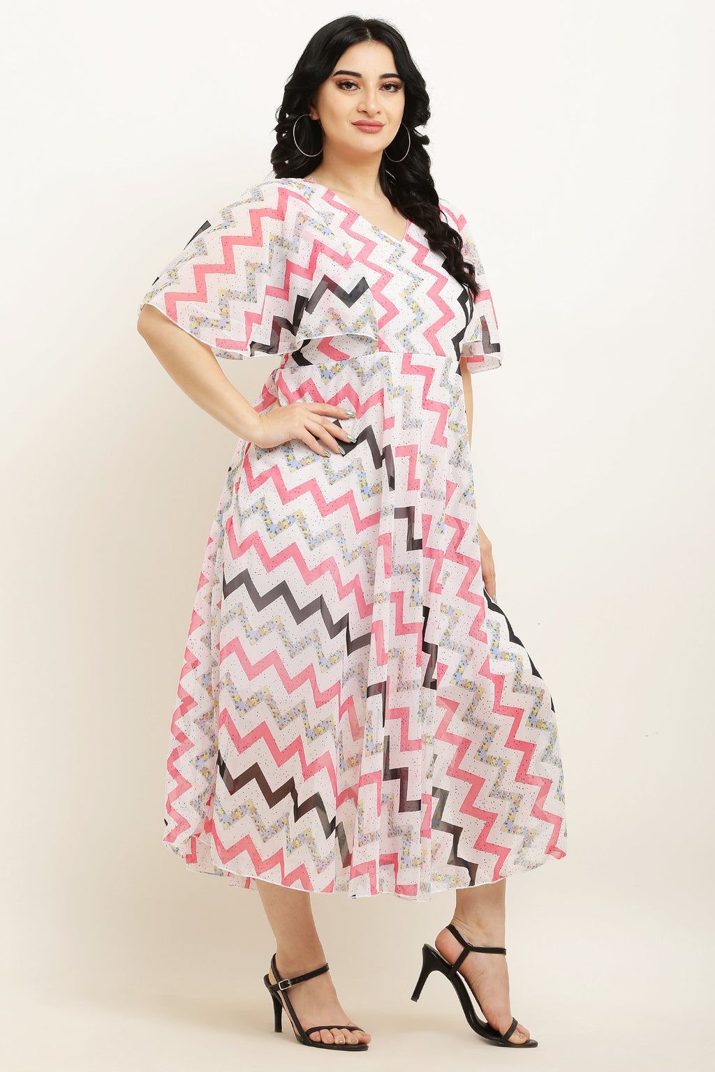PAVONINE Zig-Zag Printed Georgette Fabric Peach Dress For Women | Grocsy