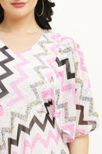 PAVONINE Zig-Zag Printed Georgette Fabric Pink Dress For Women | Grocsy