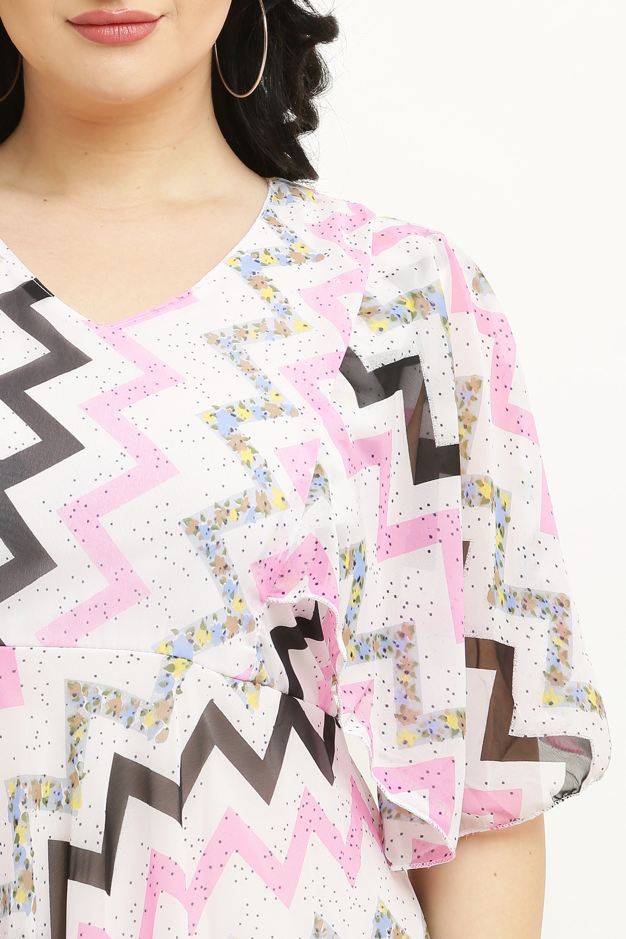 PAVONINE Zig-Zag Printed Georgette Fabric Pink Dress For Women | Grocsy