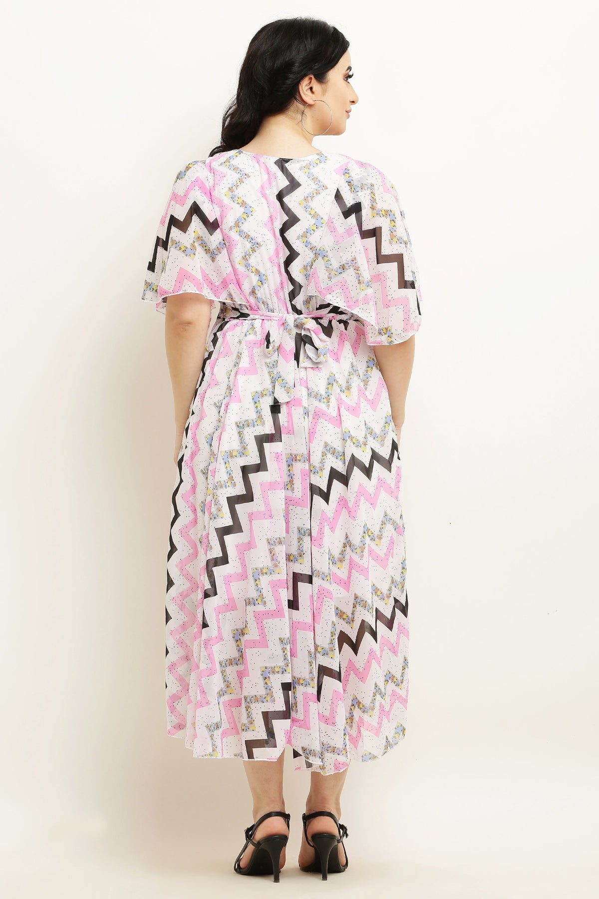 PAVONINE Zig-Zag Printed Georgette Fabric Pink Dress For Women | Grocsy