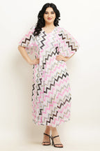 PAVONINE Zig-Zag Printed Georgette Fabric Pink Dress For Women | Grocsy