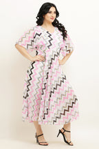 PAVONINE Zig-Zag Printed Georgette Fabric Pink Dress For Women | Grocsy