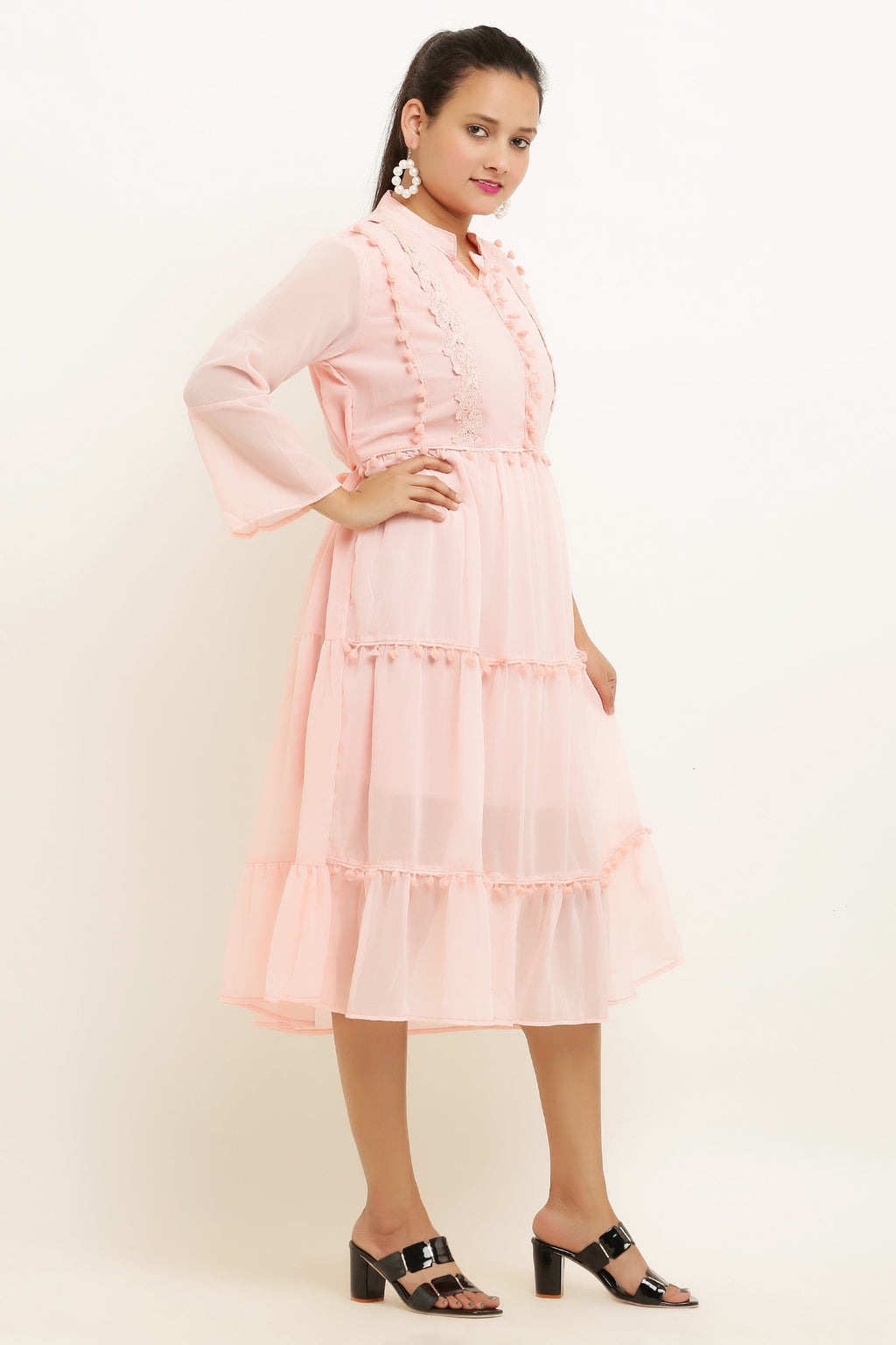 PAVONINE Pum Pum & Lace Inserted Pink Color Dress For Girls & Women | Grocsy