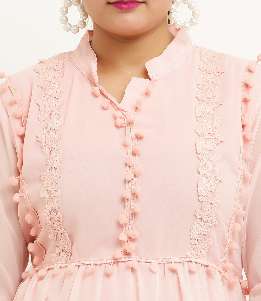 PAVONINE Pum Pum & Lace Inserted Pink Color Dress For Girls & Women | Grocsy