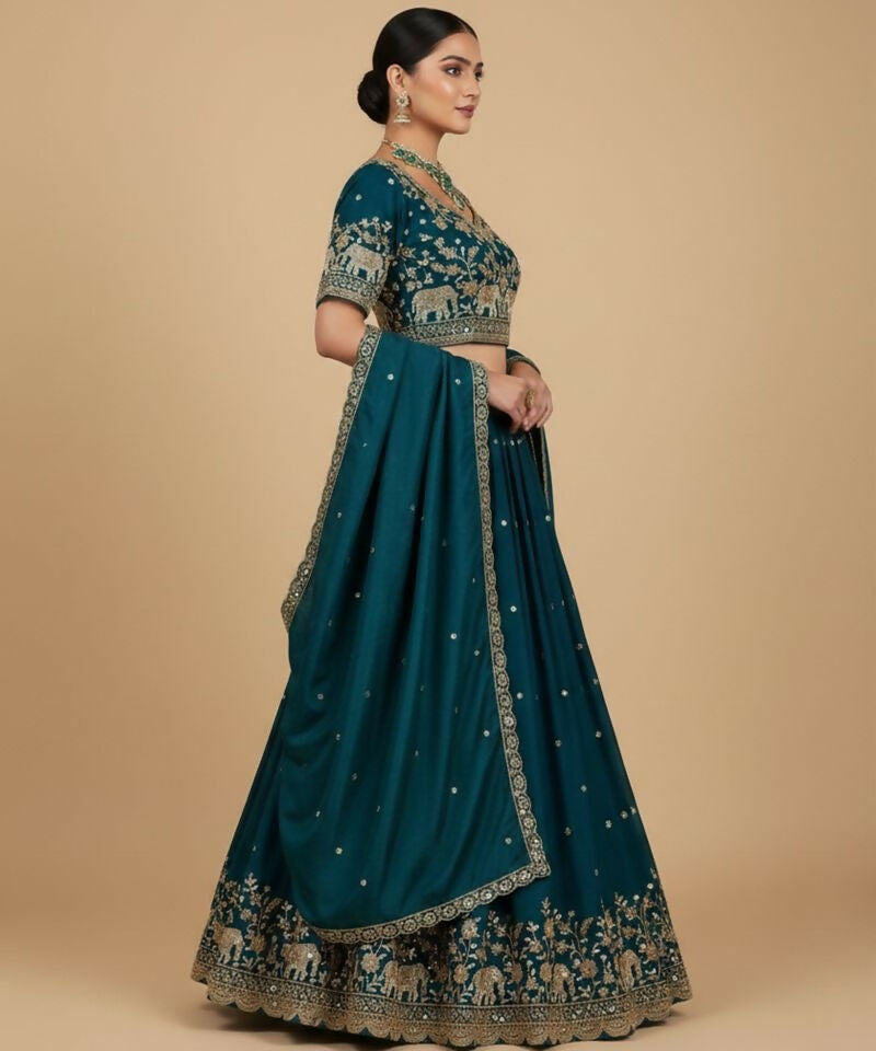 Lehenga Mart Tealblue Vichitra Silk Designer Bollywood Style Wedding Wear Lehenga Choli | Grocsy