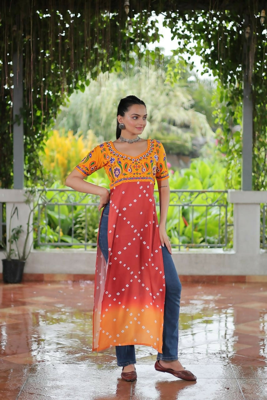 Vastranavya Yellow Navratri Special Kutchi Gamthi Work with Printed Kurti | Grocsy