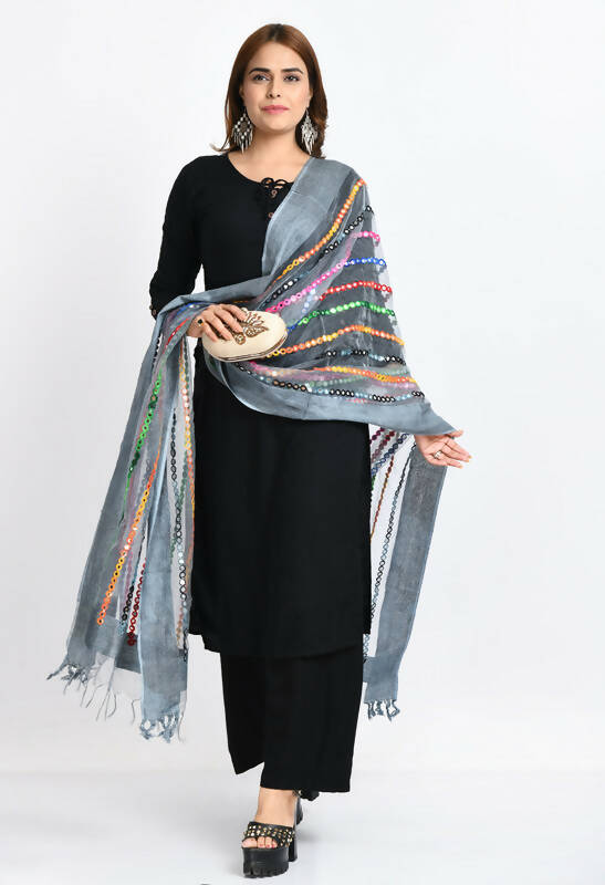 Mominos Fashion Moeza Women's Orgenza Multi Thread Mirror Work Grey Dupatta | Grocsy