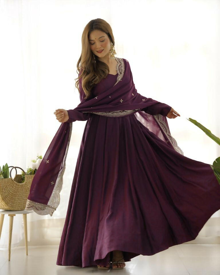 Teeya Creation Wine Color Pure Roman Silk Chanderi Party Wear Fully Stitched Gown | Grocsy