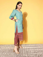 Ahalyaa Women's Teal Cotton Blend Digital Printed Kurta Pant Set | Grocsy