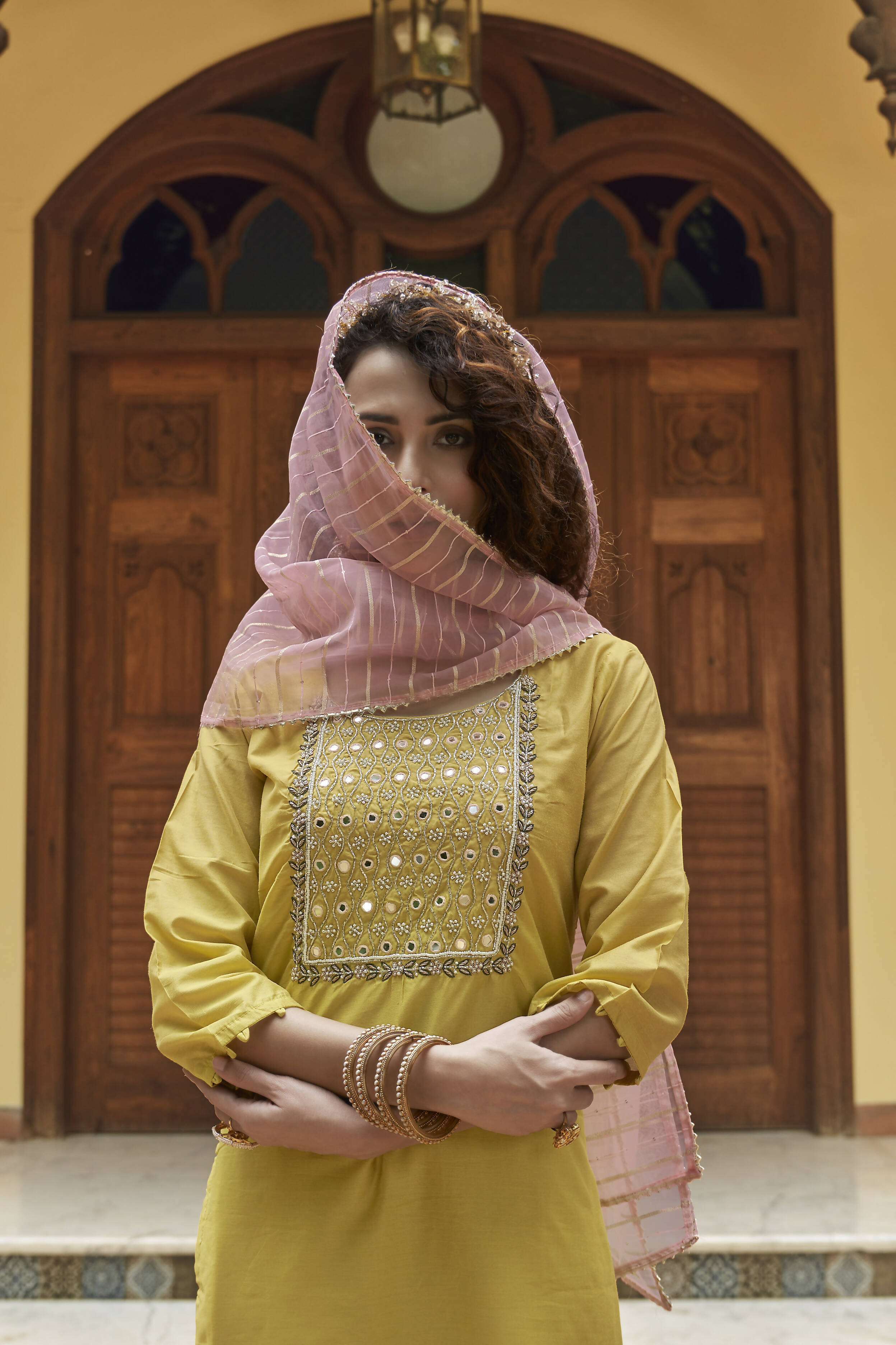 Mustard Chinon Embroidered Kurta and Bottom with Dupatta - Akashara | Grocsy