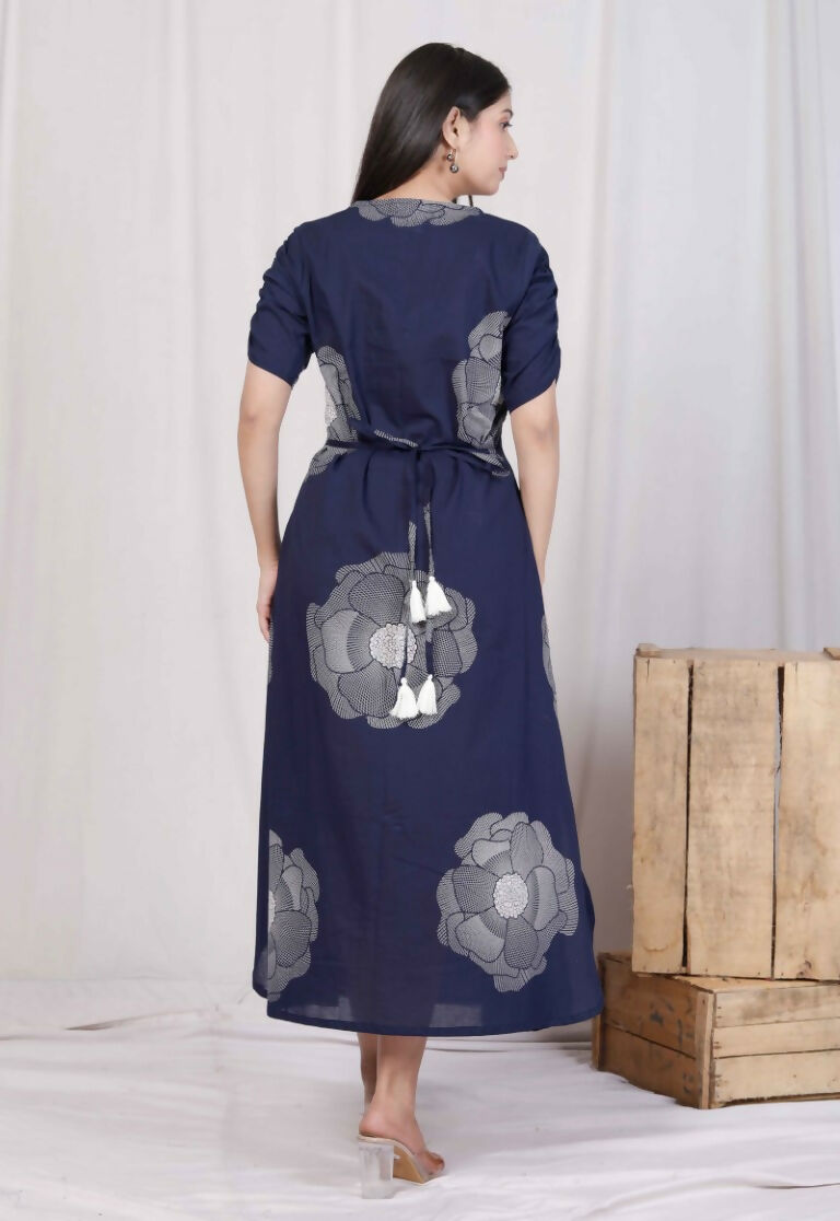 Miravan Women's Blue Floral Printed Front Buttoned A-Line Maxi Dress | Grocsy