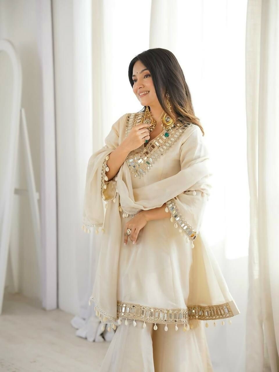 Teeya Creation New Latest Trendy Real Mirror Work With Lace Border Cream Kurta Set | Grocsy