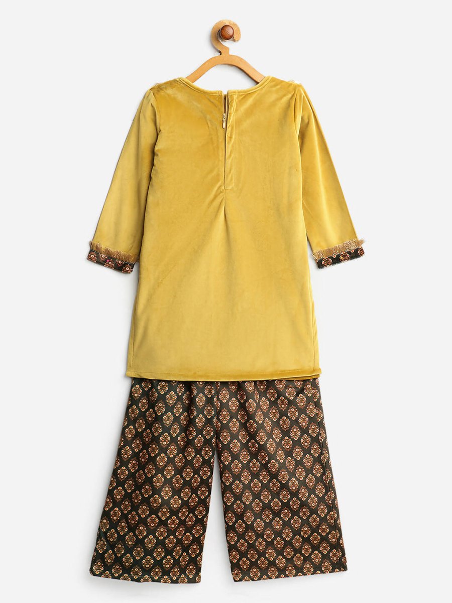 Ahalyaa Mustard Color Digital Print Velvet kids Kurta Palazzo Set For Girls | Grocsy