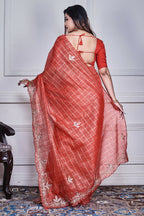 Morchari Red Kota Check Zari Embroidery Saree Unstitched Blouse | Grocsy