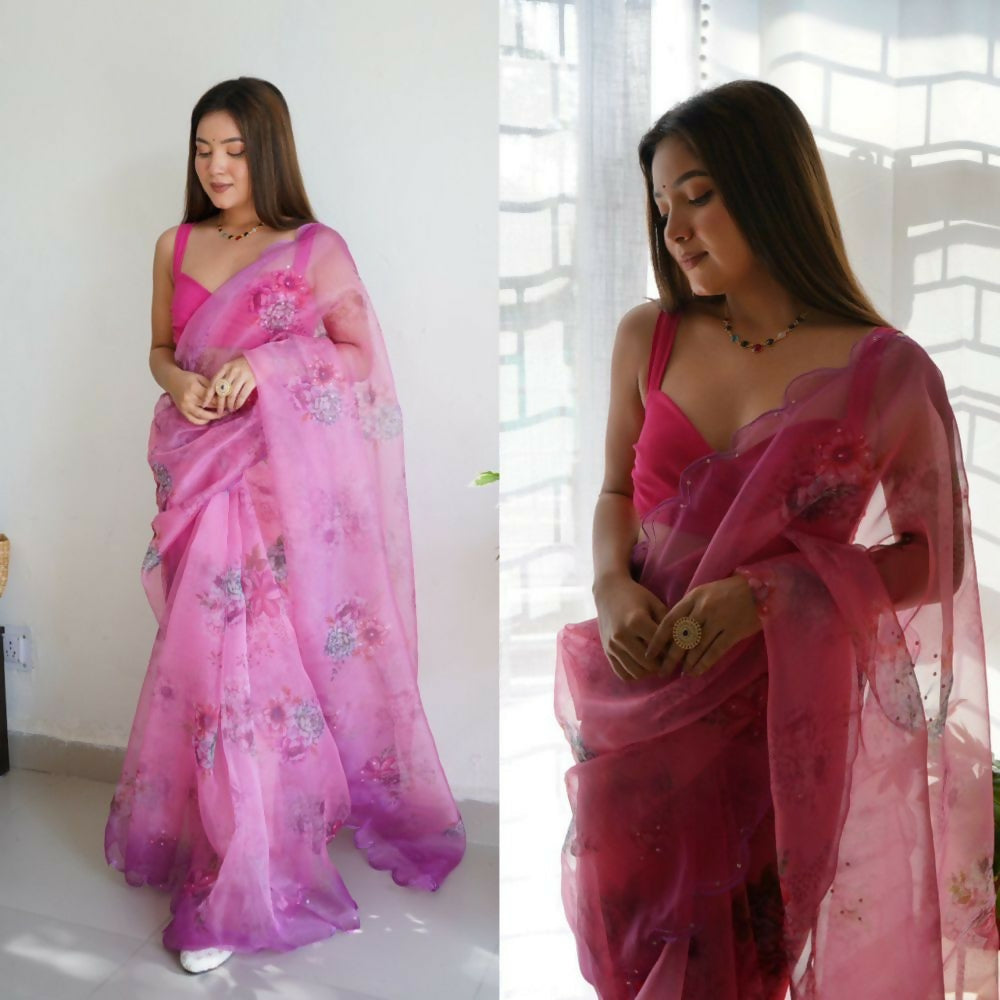 Vamsee Rency Pink Organza Saree | Grocsy