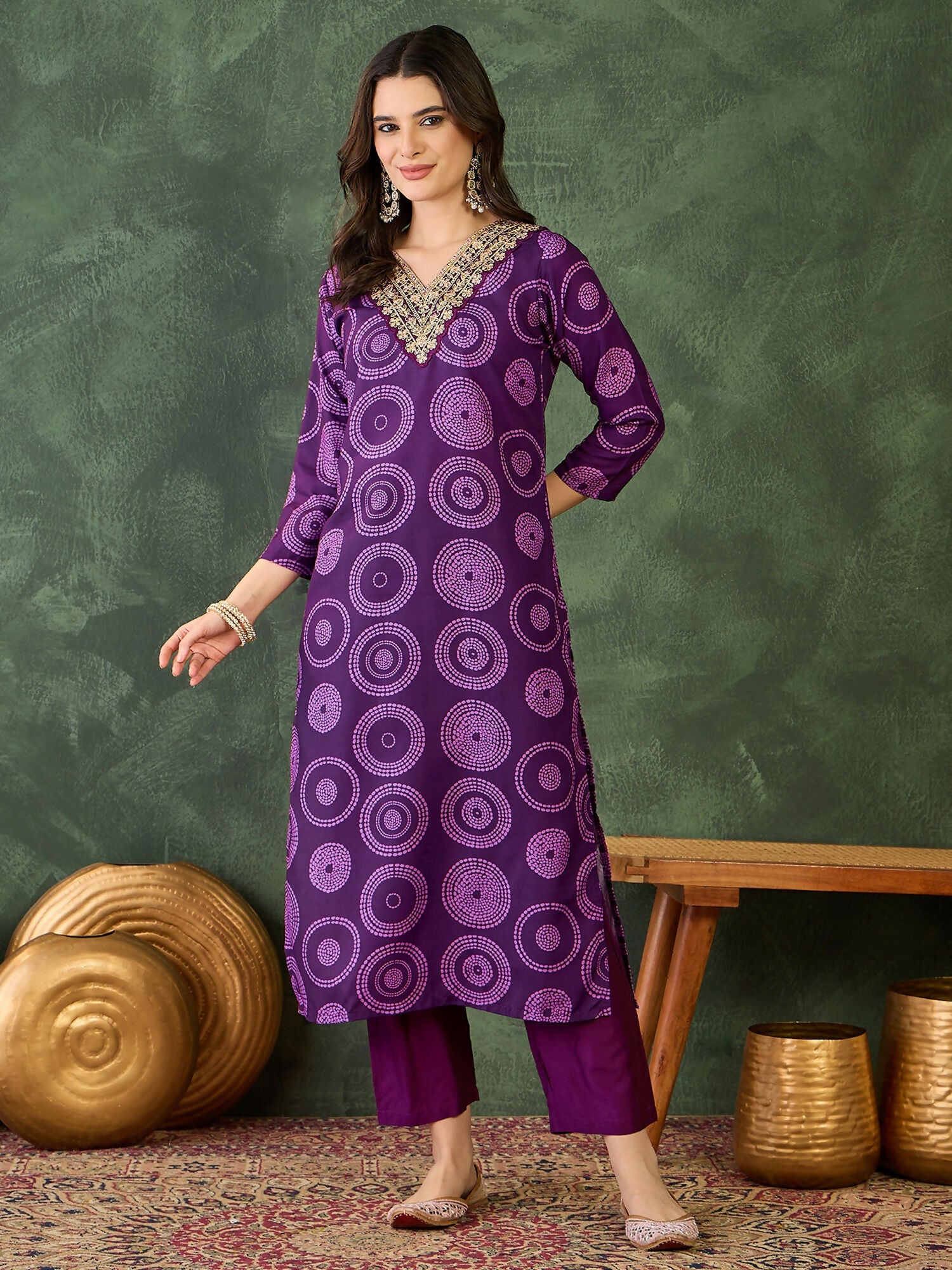 The52 Women's Gorgeous Rayon Embroidery Straight Kurta with Pant And Dupatta Set-Purple | Grocsy