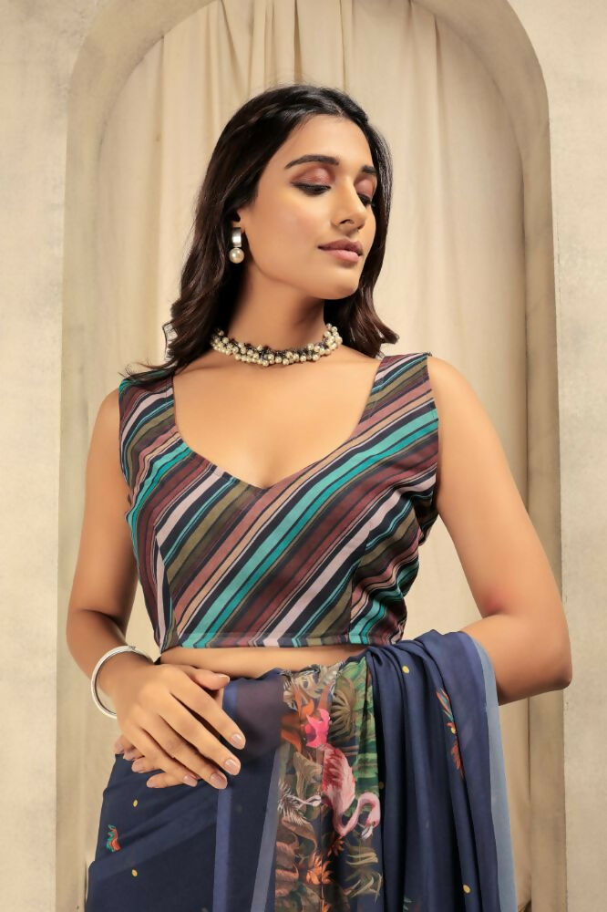 Navy Blue Georgette Designer Printed Party Wear Saree - Cinderella | Grocsy