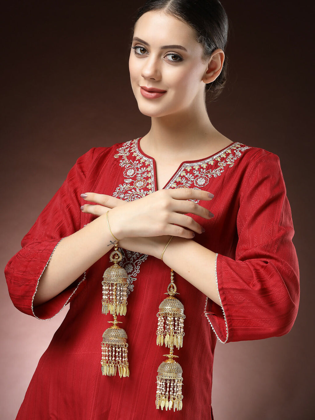 NVR Women's Pack Of 2 Gold-Polished Stone Studded Bridal Layered Kaleera Sets