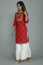 Alvano Printed Stylish A-line Kurti with Sharara set for Women and Girls Rayon (Orange) | Grocsy