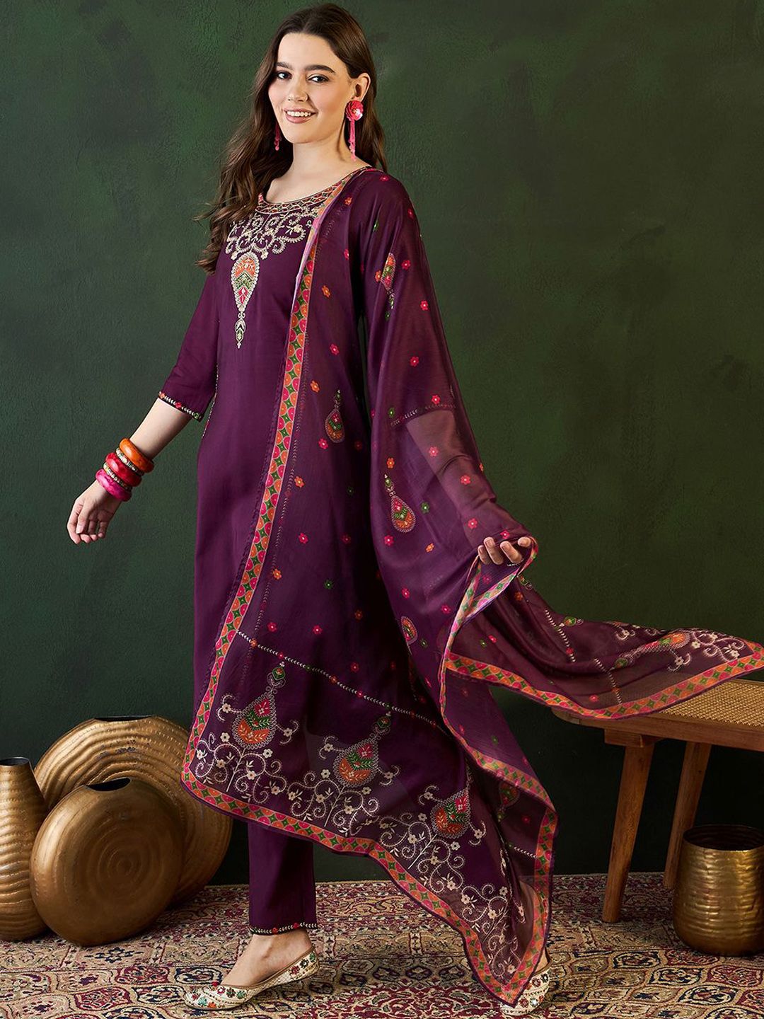 Sangria Embroidered Zari Sequence Kurta With Trousers & Dupatta Set | Grocsy