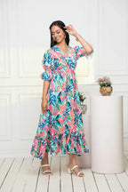 Myshka Women Multi Floral Polyester A-Line V-Neck Dress | Grocsy
