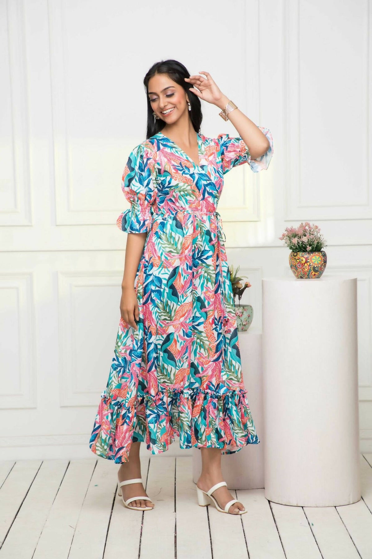Myshka Women Multi Floral Polyester A-Line V-Neck Dress | Grocsy
