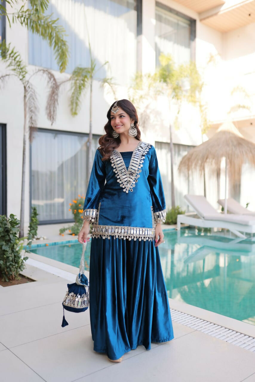 Joban Fashion Rama Velvet Embroidery Sequence Work Readymade Kurta Set | Grocsy