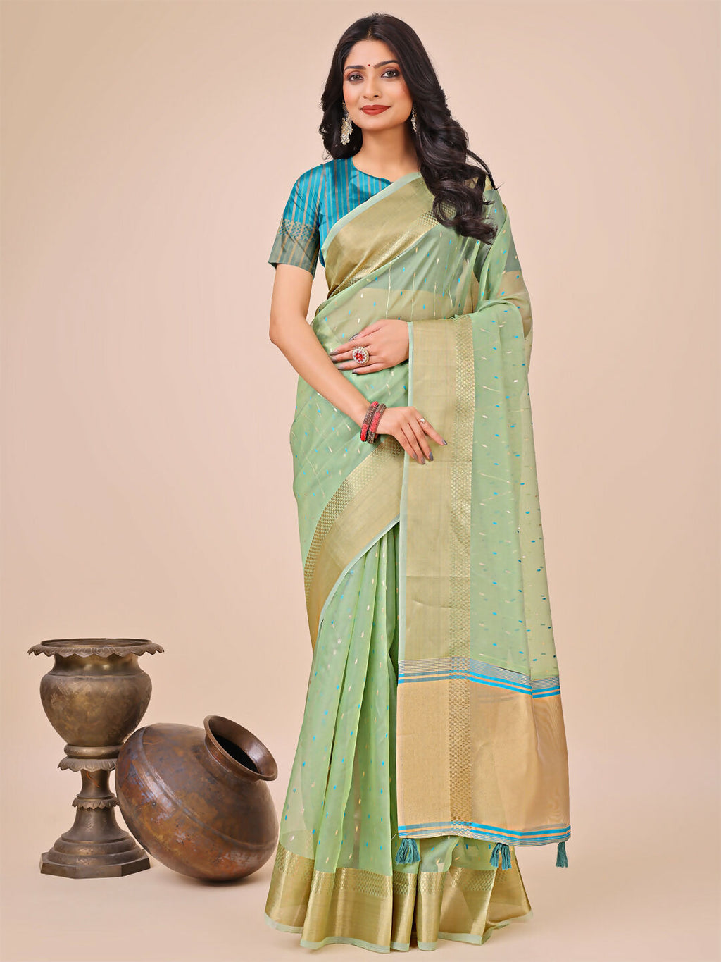 Shree Shyam Fashion Florance Green Organza Saree | Grocsy