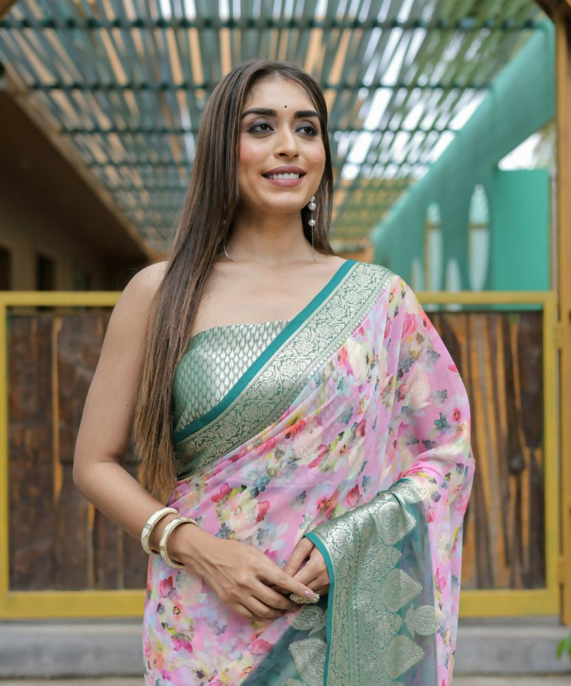 Vamsee Dhruvini Pink Georgette Saree | Grocsy