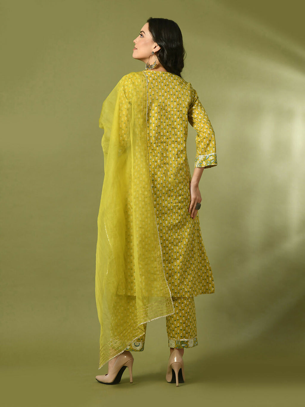 Myshka Women's Yellow Printed Cotton Straight Party Kurta Set With Dupatta | Grocsy