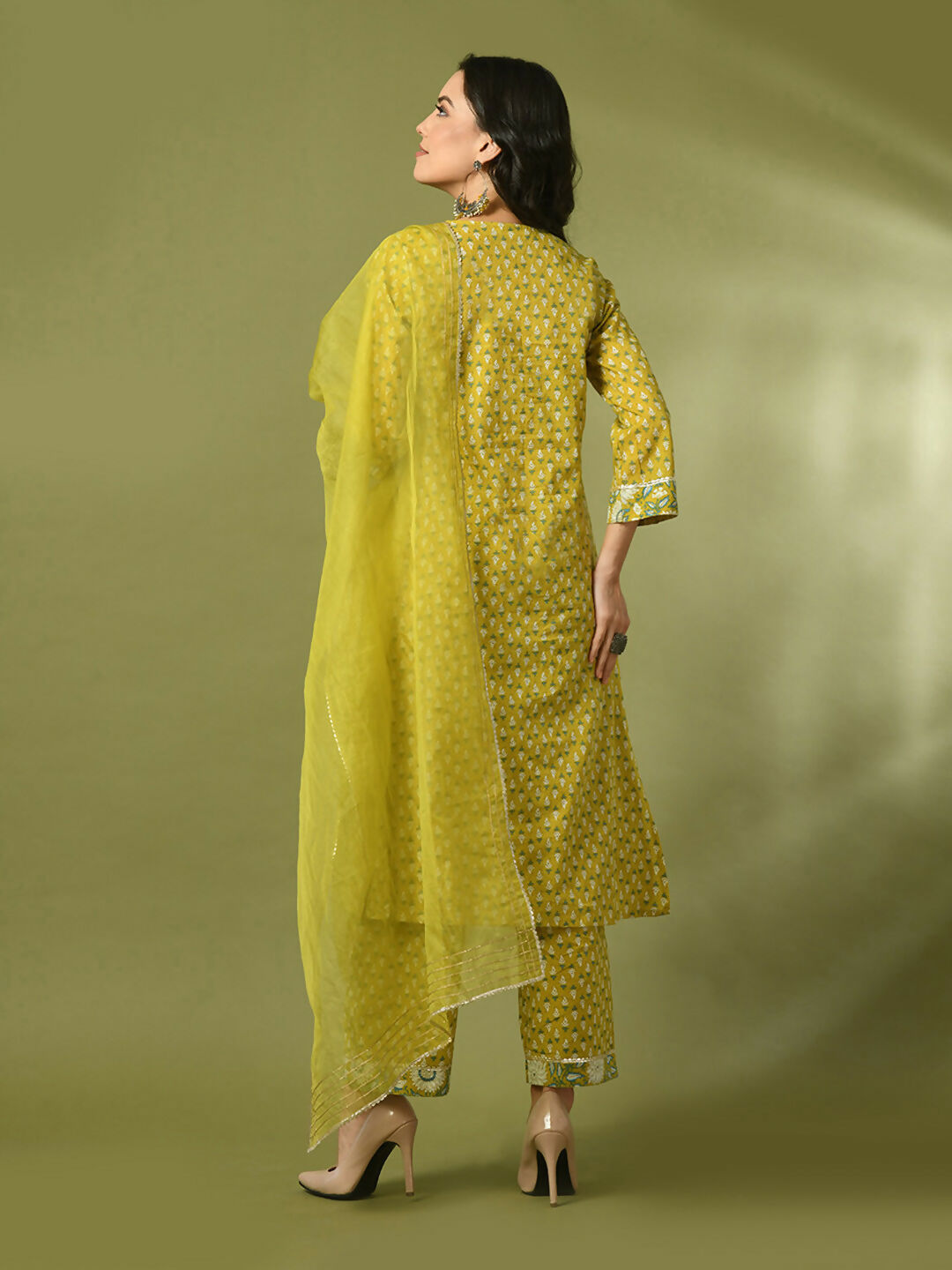 Myshka Women's Yellow Printed Cotton Straight Party Kurta Set With Dupatta | Grocsy