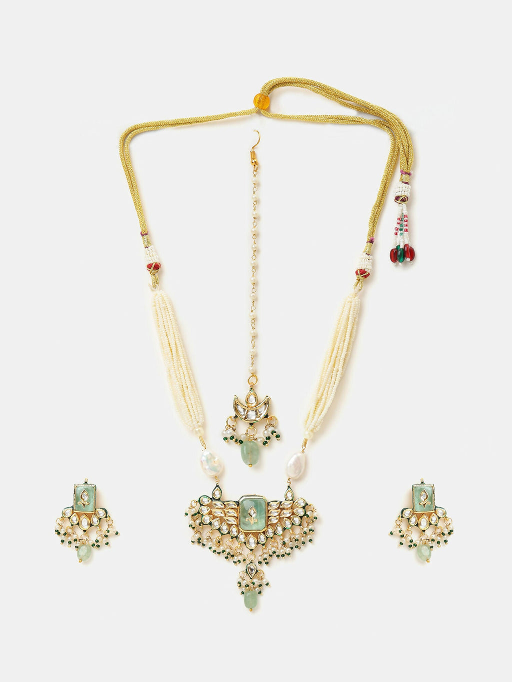 Ruby Raang Pearl Glow Necklace With Matching Earrings And Maang Tikka | Grocsy