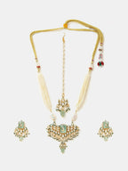 Ruby Raang Pearl Glow Necklace With Matching Earrings And Maang Tikka | Grocsy