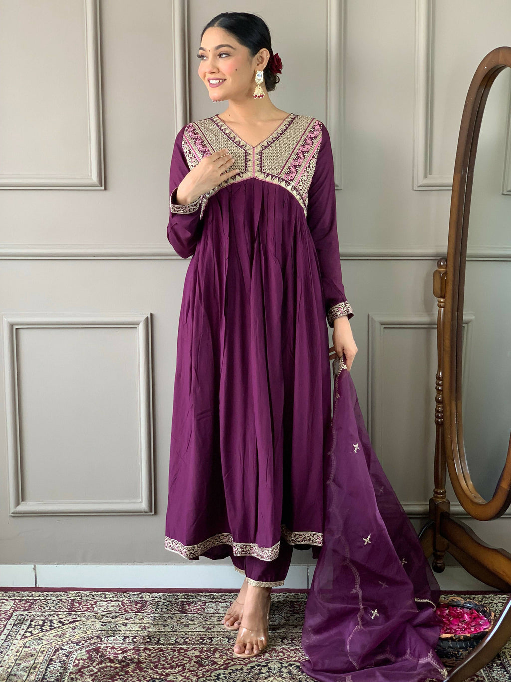 Partywear Designer Viscose Wine Stitched Suit With Dupatta - Tanisha | Grocsy