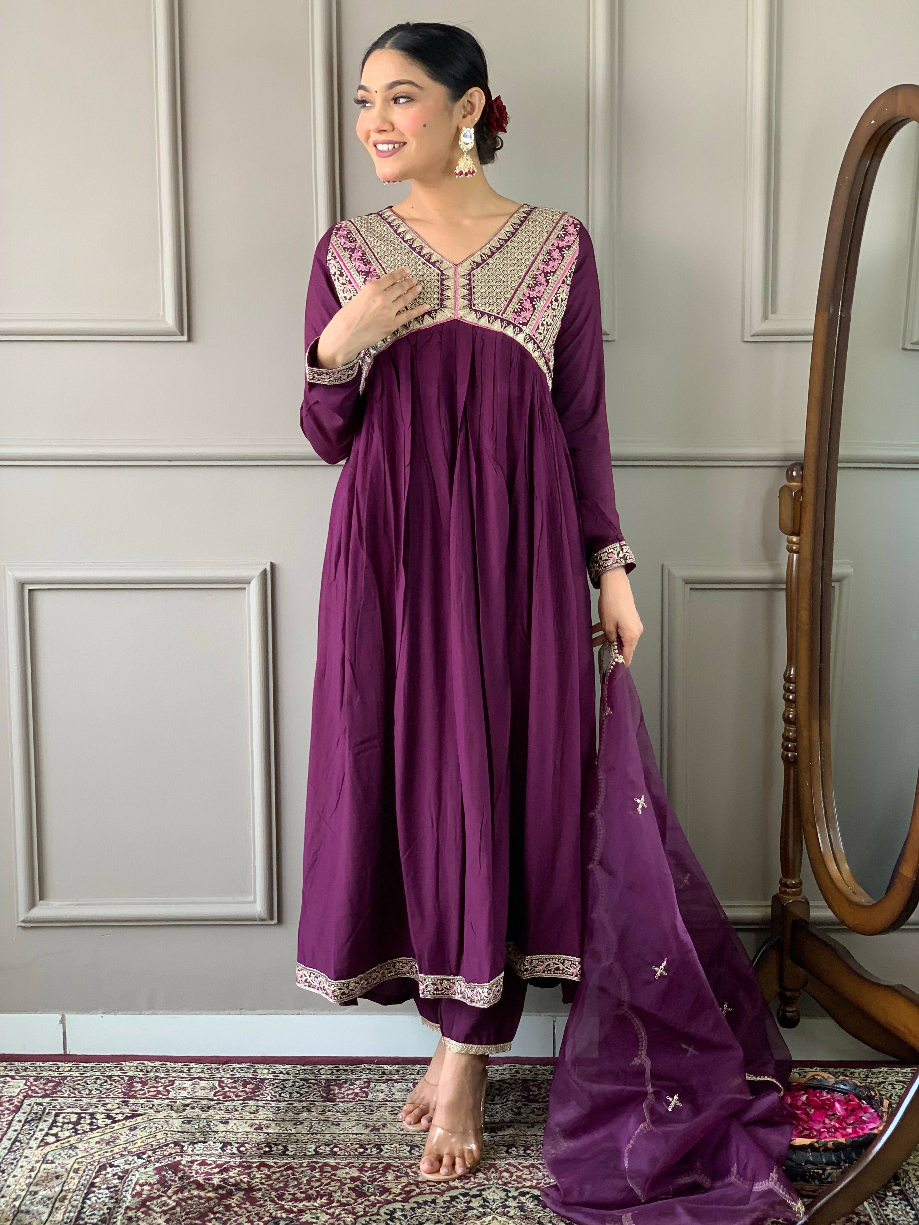 Partywear Designer Viscose Wine Stitched Suit With Dupatta - Tanisha | Grocsy