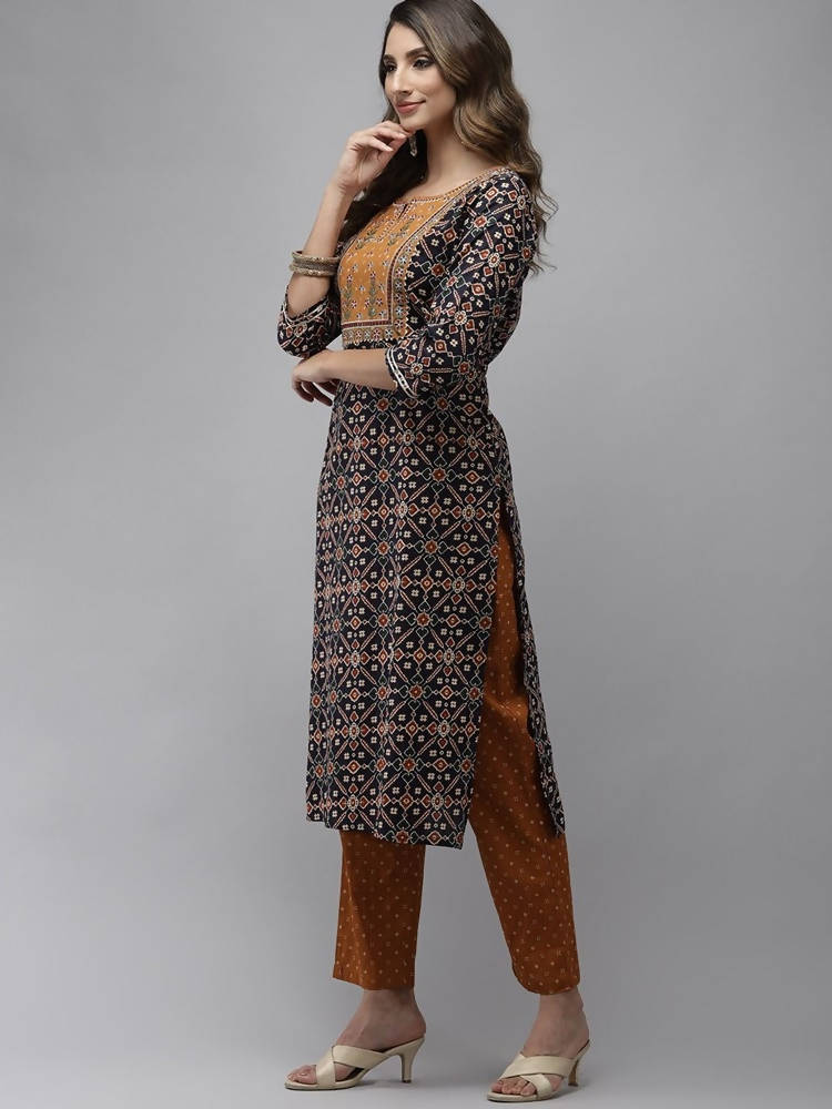 Yufta Women Navy Blue Ethnic Motifs Regular Thread Work Pure Cotton Kurta with Trouser With Dupatta | Grocsy