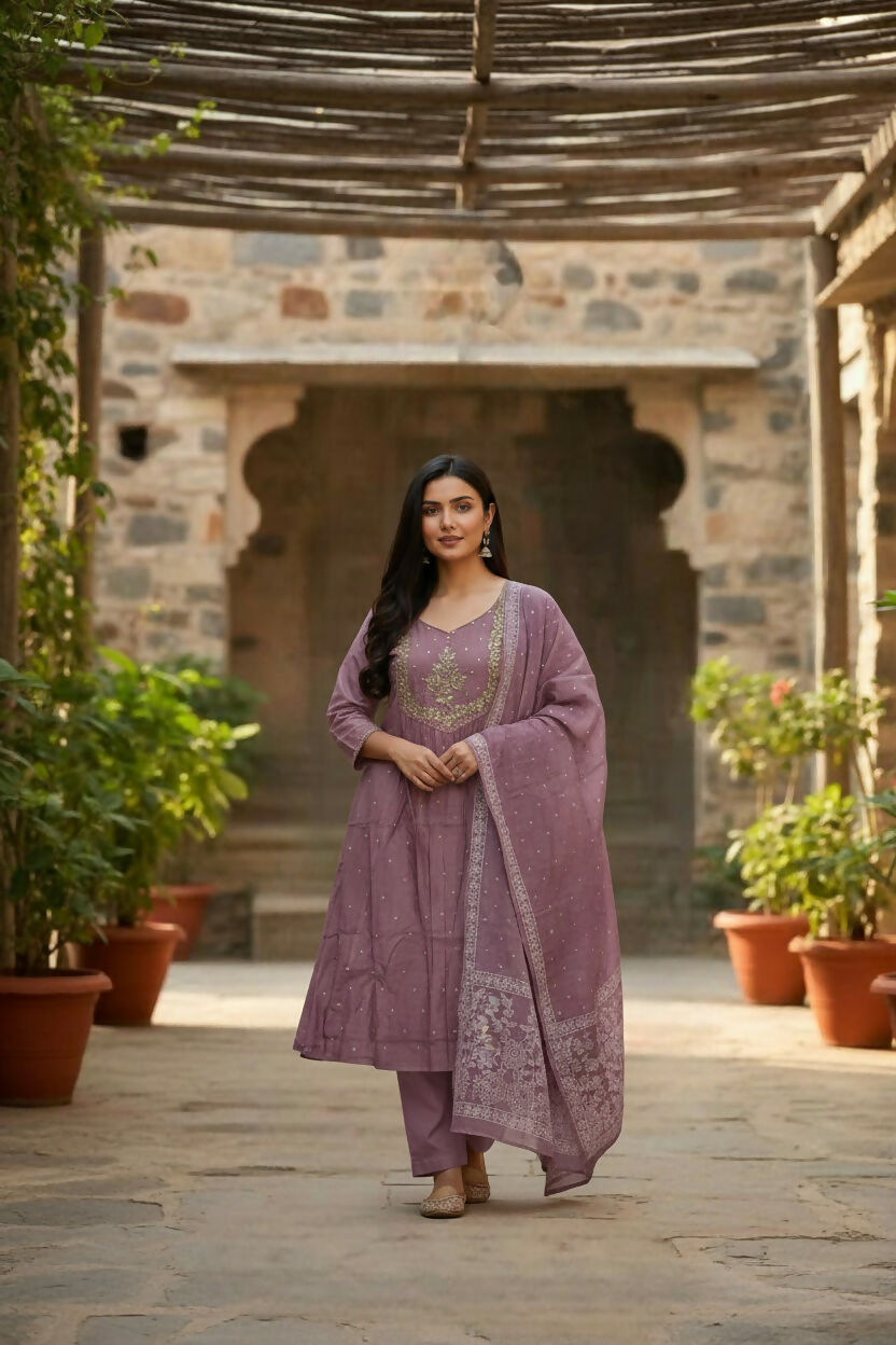 The52 Women's Beautiful Cotton Fabric Embroidery Work Flared Anarkali Pant and Dupatta Set | Grocsy