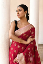 Joban Fashion Red Crepe Chiffon Pure Handloom Banarasi Silk Saree | Grocsy