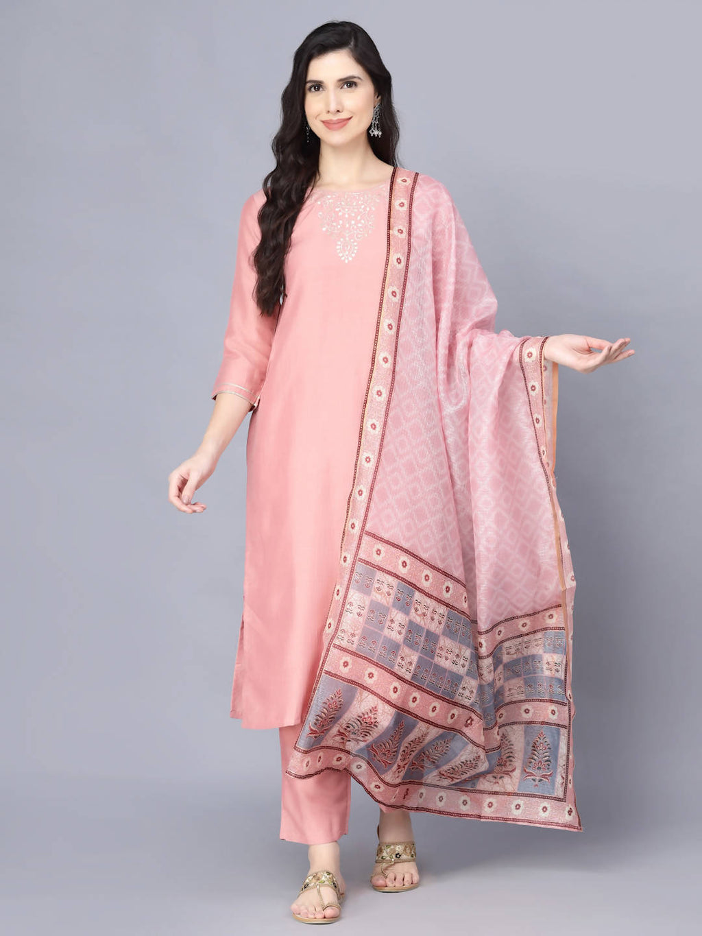 Myshka Women Peach-Coloured Layered Kurta with Trousers With Dupatta | Grocsy