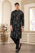 Raivat Ethnic Men's Art Silk Thread Work Kurta Pyjama In Black Colour | Grocsy