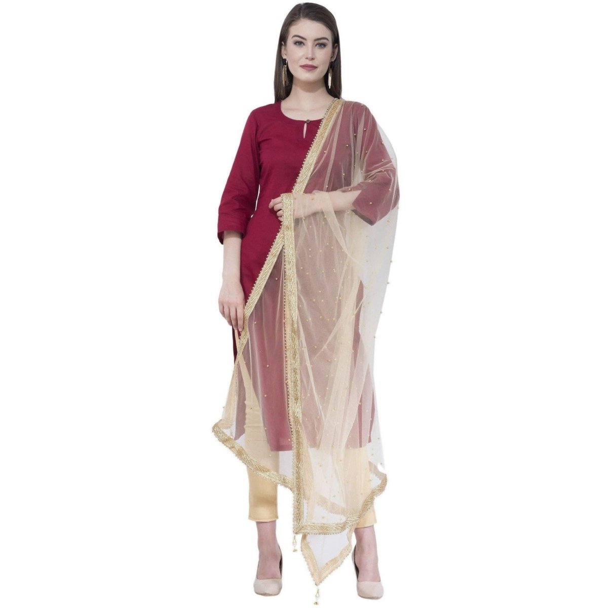 A R Silk Women's Moti Work Net Off White Dupattas and Chunnis | Grocsy