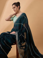 Blue Muslin Embroidered Saree with Unstitched Blouse Piece - Satya | Grocsy